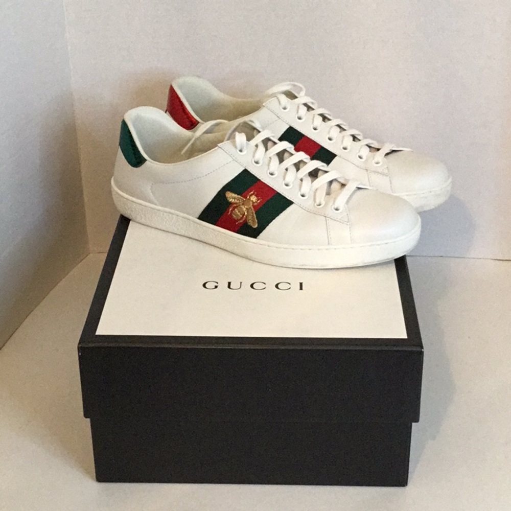 Gucci White Leather Ace Sneaker Red & Green Web and 🐝 Bee Embroidery